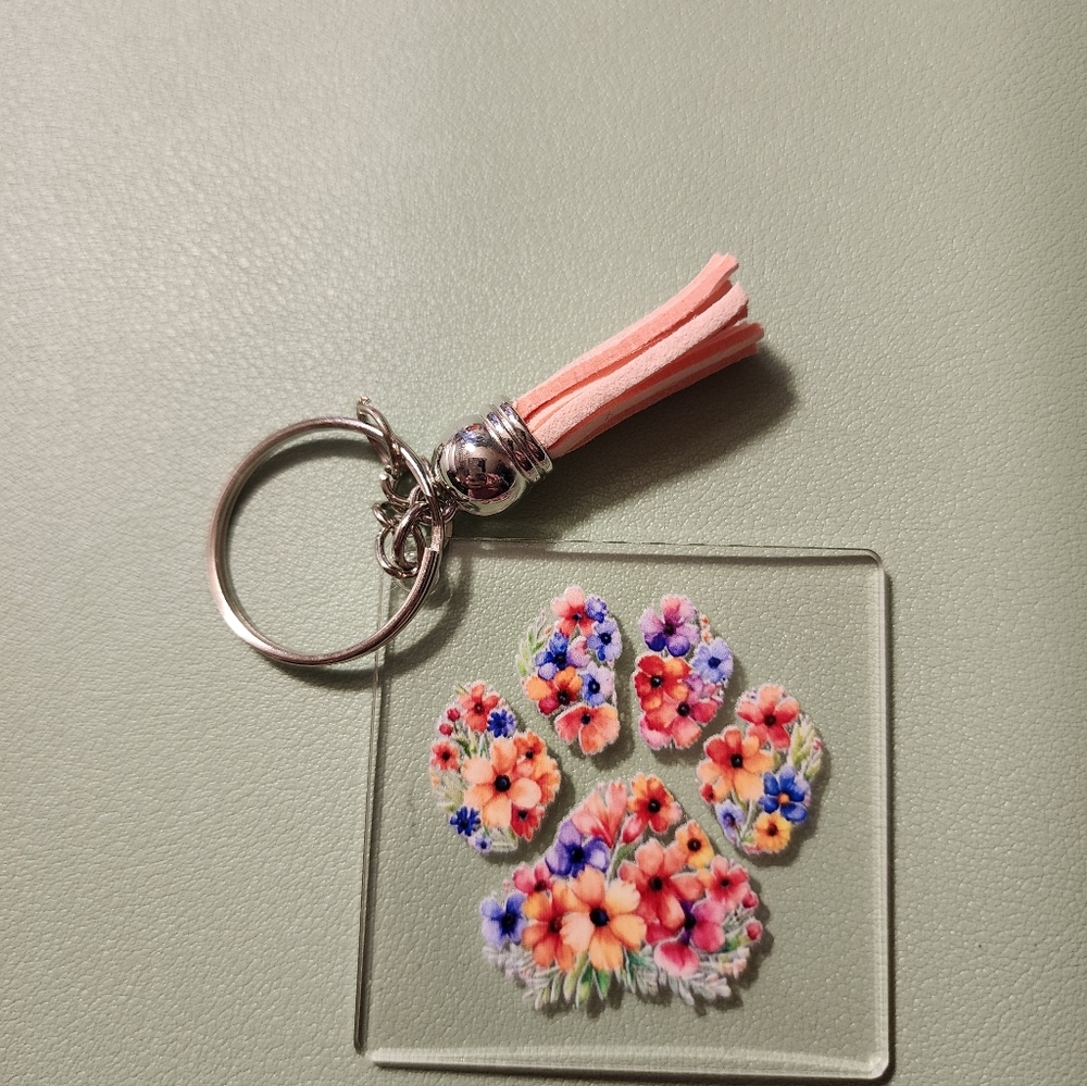 Floral Paw Print Keychain with Pink Tassel